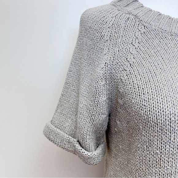 Banana Republic Grey Knit Gold Metallic Threaded Short Sleeve Wool Blend Sweater - Picture 3 of 10